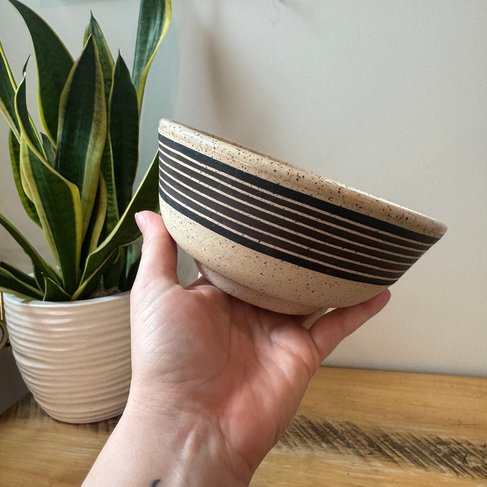 Artisan Speckled Ceramic Bowl Black Striped Studio‎ Pottery Volcano Detail 6.5"
